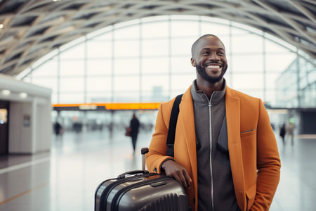 Close-up of an African American businessman with a suitcase in the modern futuristic airportの素材