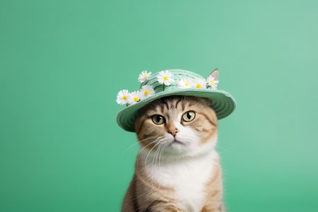 Cute Cat Dressed in aa Spring Hat on a Green Background with Space for Copyの素材