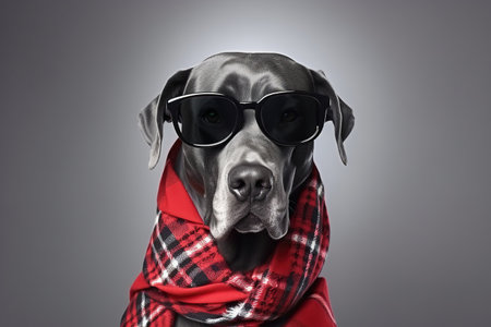 Cute Great Dane Dog Dressed in a Red Plaid Scarf and Sunglasses with Space for Copyの素材