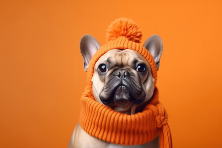 Cute Doodle Dog Dressed in a Autumn /Fall Scarf and Hat on an Orange Background with Space for Copyの素材