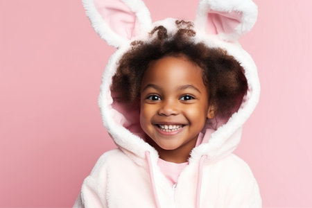 Cute Young African American girl Dressed as a Bunny for Halloween on an Pink Banner with Space for Copyの素材