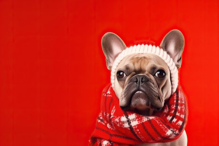 Cute French Bulldog in a Red Hat and Scarf on a Red Background with Space for Copyの素材