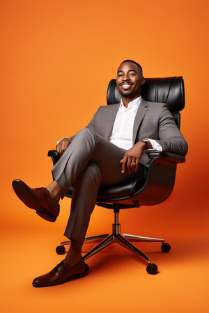 Full length body cadre of satisfied African American businessman sitting psychotherapist session comfortable armchair isolated on orange color backgroundの素材