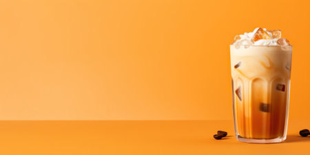 Delicious Iced Latte or Cappuccino an Orange Backgroundの素材