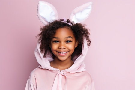 Cute Young African American girl Dressed as a Bunny for Halloween on an Pink Banner with Space for Copyの素材