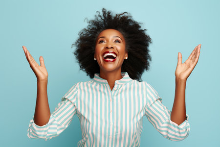 Elderly exultant overjoyed jubilant African American woman 50s years old wear light striped shirt look camera spread hands say wow isolated on plain pastel blue cyan color background studio portrait Lifestyle conceptの素材