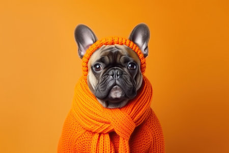 Cute Doodle Dog Dressed in a Autumn /Fall Scarf and Hat on an Orange Background with Space for Copyの素材