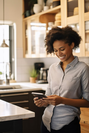 Happy African American businesswoman discussing financial report over smart phone while standing at kitchen counterの素材