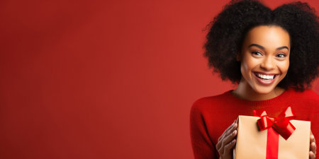 Happy African American Woman Holding a Red Christmas Present on a Red Background with Space for Copyの素材