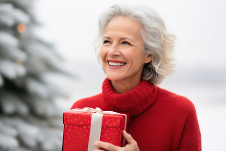 Happy Mature Woman Holding a Red Christmas Present on a Light Gray Background with Space for Copyの素材