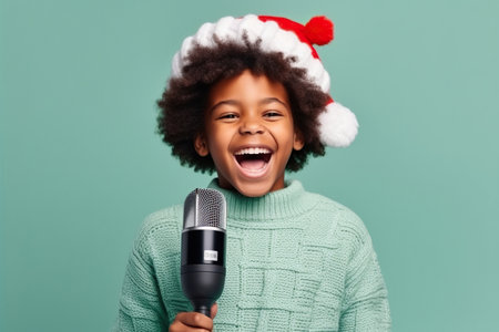 Merry singer young African American woman wear knitted xmas sweater Santa hat headphones posing listen music sing song in microphone isolated on plain pastel light green background Happy New Year 2023 holiday conceptの素材