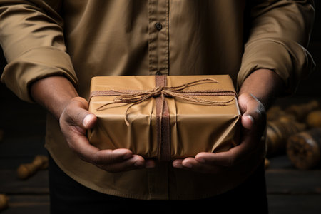 Man hands holding gift cardboard boxの素材