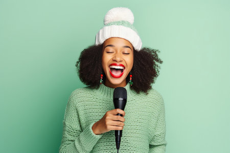 Merry singer young African American woman wear knitted xmas sweater Santa hat headphones posing listen music sing song in microphone isolated on plain pastel light green background Happy New Year 2023 holiday conceptの素材