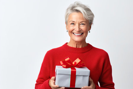 Happy Mature Woman Holding a Red Christmas Present on a Light Gray Background with Space for Copyの素材