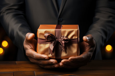Man hands holding gift cardboard boxの素材