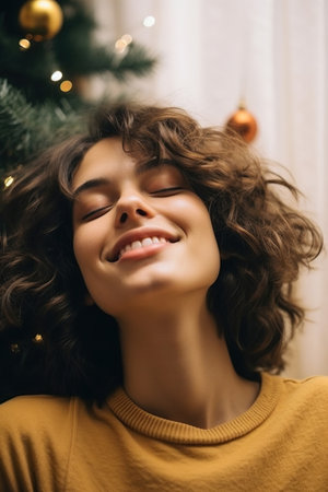 Spending at home young girl brown bob hair hands head chilling attractive person pretty dreams enjoying Christmas time isolated indoorsの素材