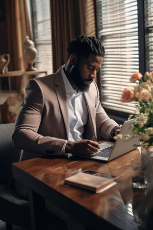 Focused African American manager dressed in elegant suit working over laptop on desk at homeの素材