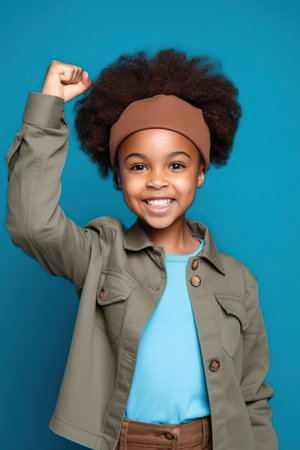 Pretty young African American girl raise fist celebrate hold gadget dressed stylish brown outfit isolated on blue color backgroundの素材