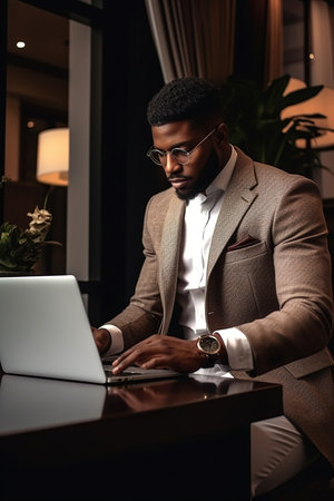 Focused African American manager dressed in elegant suit working over laptop on desk at homeの素材