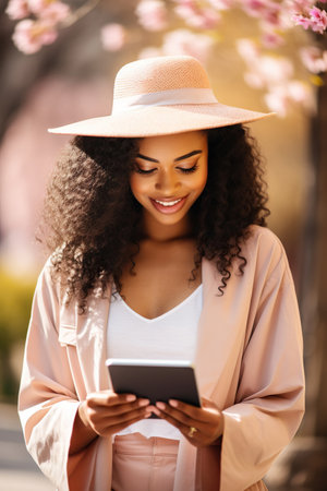 Gorgeous African American girl sitting on bench reading sms waiting friend meeting date spring outdoorsの素材