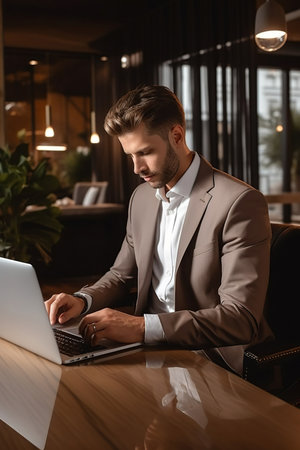 Focused manager dressed in elegant suit working over laptop on desk at homeの素材