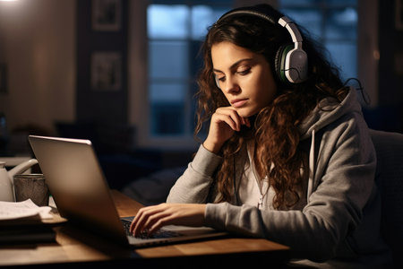 Serious young woman wearing headphones when watching documentary on laptopの素材