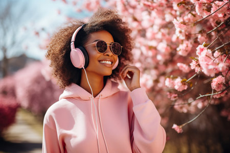 Adorable lovely African American girl wear trendy clothes listen music walk alone in park spring weather weekend travel outdoorsの素材