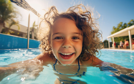 Happy little girl taking selfie in an outdoor swimming poolの素材