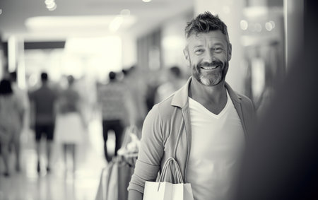 A man in a shopping mall in his 40s, with several shopping bags in hand.の素材