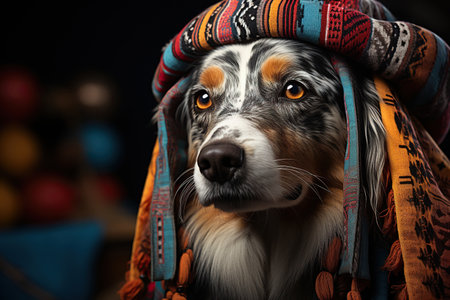 A dog wearing a colorful winter sweaterの素材