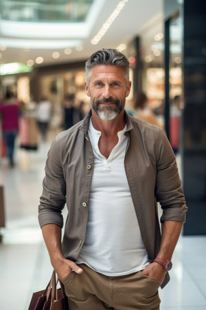 A man in a shopping mall in his 40s, with several shopping bags in hand.の素材