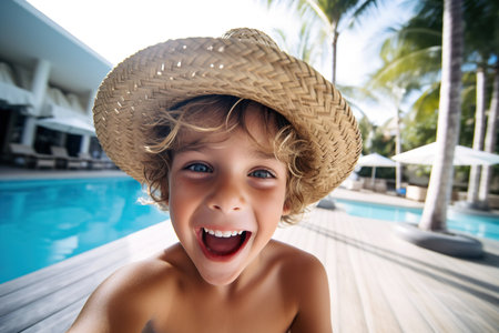 Happy little boy taking selfie in an outdoor swimming poolの素材