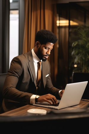 Focused African American manager dressed in elegant suit working over laptop on desk at homeの素材