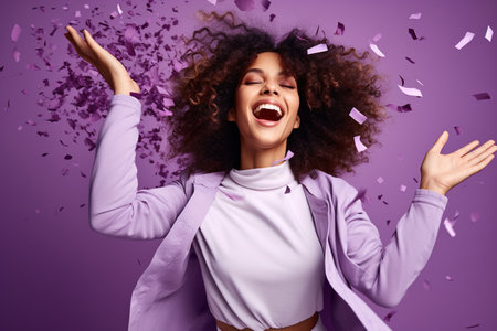 Energetic active lady dancing moving on holiday with flying confetti isolated on violet color backgroundの素材