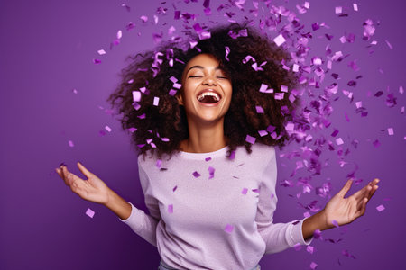Energetic active African American lady dancing moving on holiday with flying confetti isolated on violet color backgroundの素材