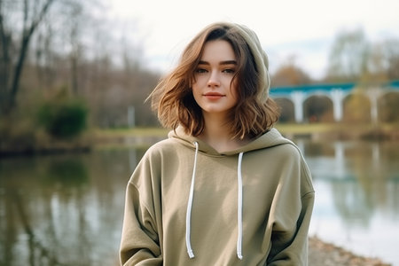 Adorable lovely girl wear trendy clothes listen music walk alone in park spring weather weekend travel outdoorsの素材