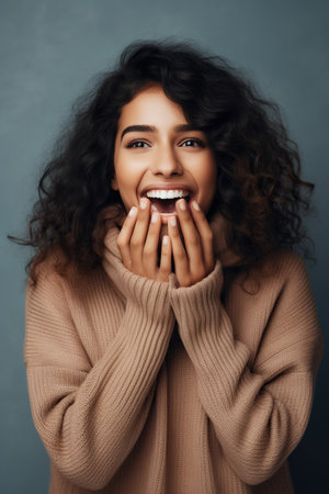 Positive beautiful woman with hands covering mouth laughing cheerfully against backgroundの素材