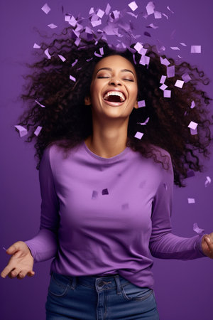 Energetic active African American lady dancing moving on holiday with flying confetti isolated on violet color backgroundの素材