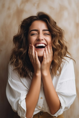 Positive beautiful woman with hands covering mouth laughing cheerfully against backgroundの素材