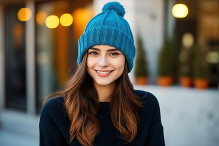 Portrait of smiling beautiful young woman wearing knit hat and posing cheerfully on city backgroundの素材