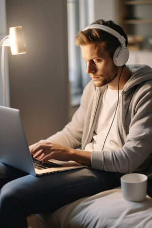 Serious young woman wearing headphones when watching documentary on laptopの素材