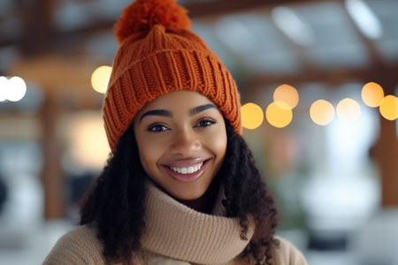 Smiling beautiful young African American woman wearing knit hat and posing cheerfully on color backgroundの素材