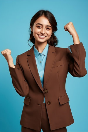 Pretty young girl raise fist celebrate hold gadget dressed stylish brown outfit isolated on blue color backgroundの素材