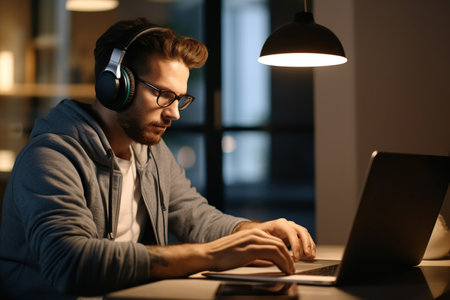 Serious young woman wearing headphones when watching documentary on laptopの素材