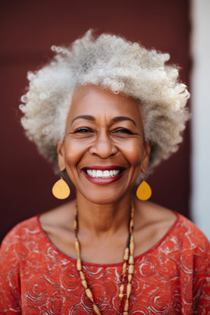 Happy senior African American blond old woman looking at camera with beautiful toothy smile. Close up front head shot portrait.の素材