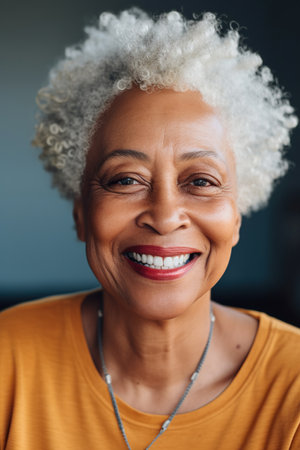 Happy senior African American blond old woman looking at camera with beautiful toothy smile. Close up front head shot portrait.の素材