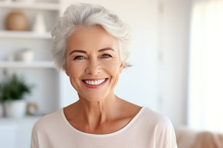 Happy senior blond old woman looking at camera with beautiful toothy smile. Close up front head shot portrait.の素材