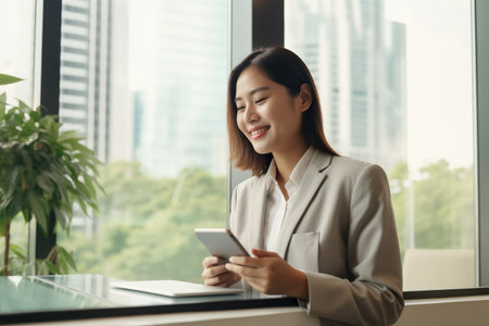Young busy happy Asian business woman manager using mobile cell phone tech in officeの素材