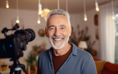 handsome elder senior influencer man working on shooting for blog, recording selfie video at home, speaking at cellphone camera fixed on tripodの素材
