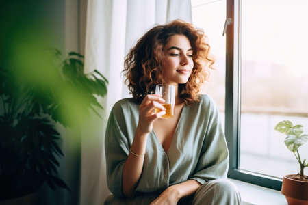 Woman drinking coffee sitting on sofa at homeの素材